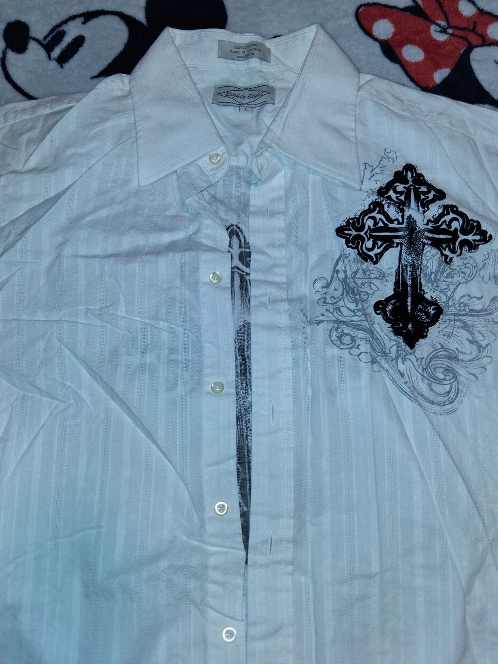White Men's Button-Up Shirt with Black Cross Graphic